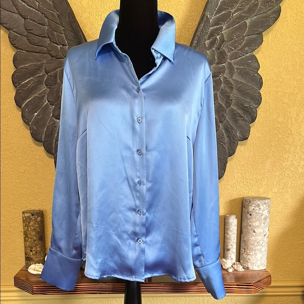 Dynamite Blue Satin like button down Top